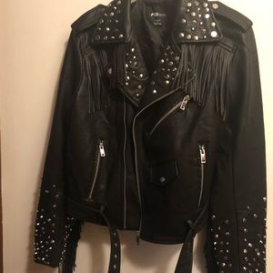 Leather jacket with studs and fringe
